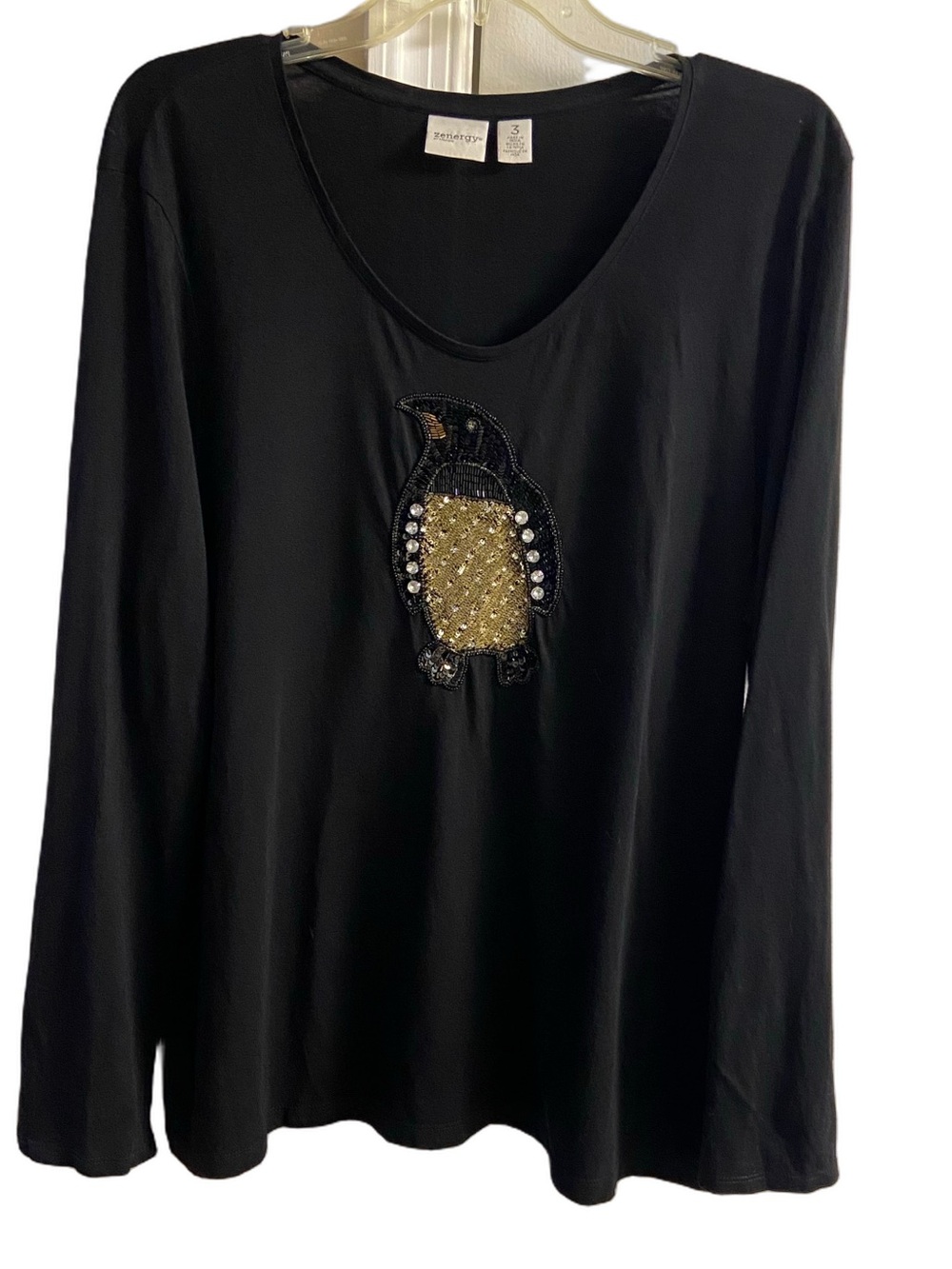 Chico’s Zenergy Black Beaded Penguin Scoop Neck Long Sleeve Top Tunic Size XL